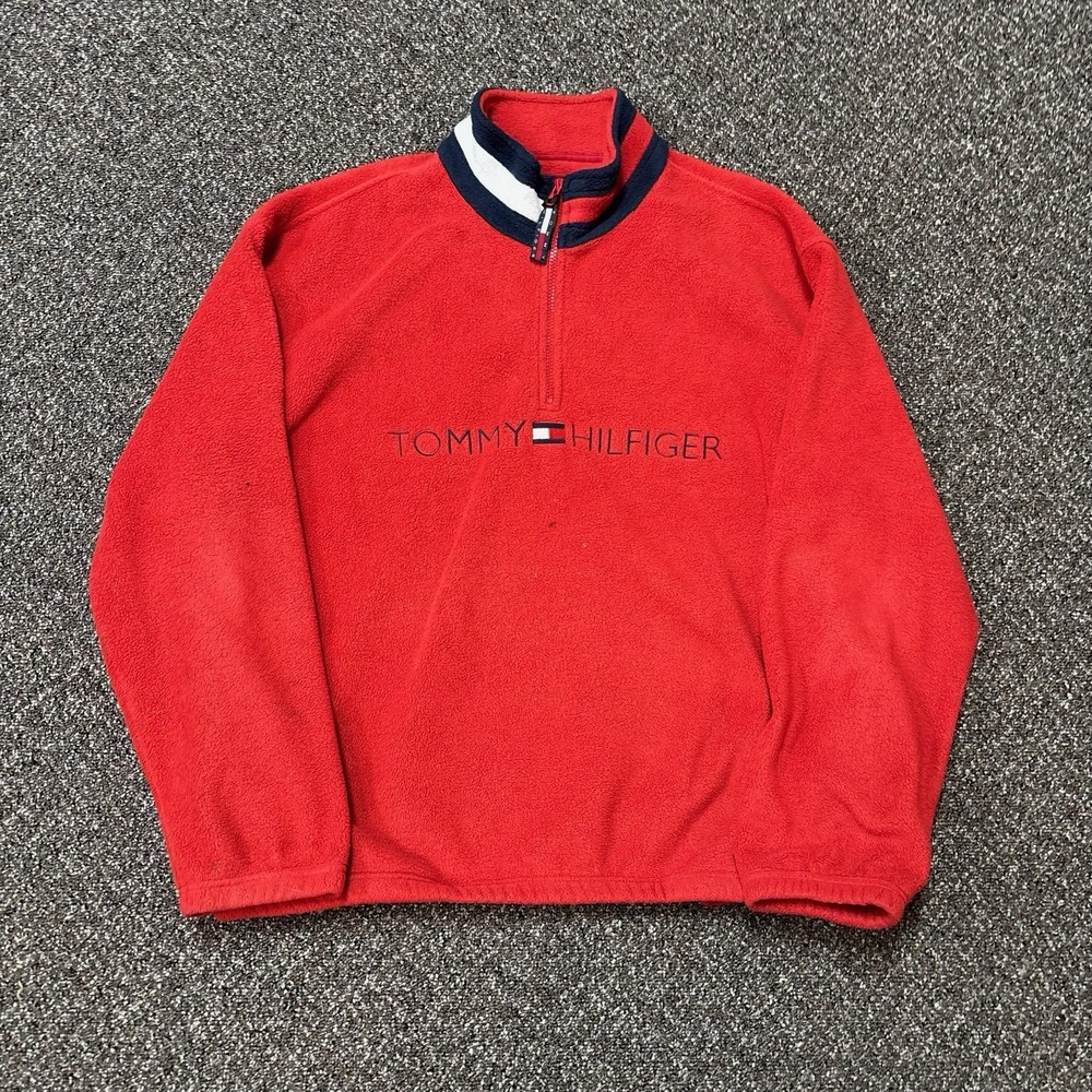 Vintage Tommy Hilfiger Quarter Zip Sweatshirt Fleece Red Embroidered 2000s Large
